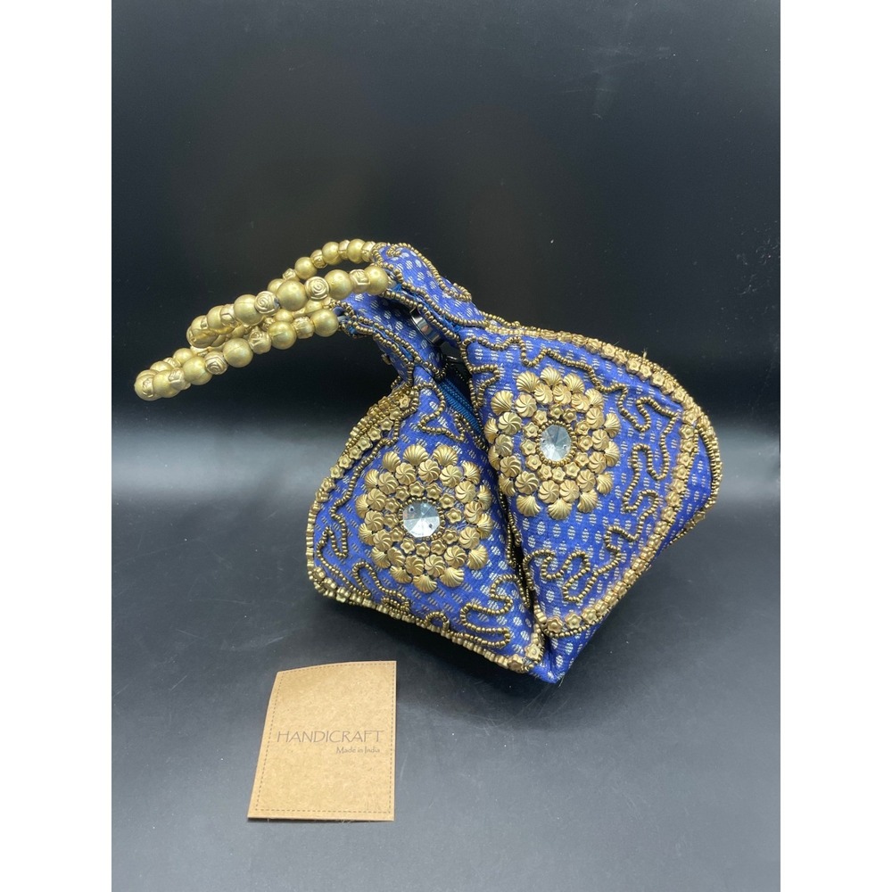Handicraft Made in India Blue Gold Beaded Evening Bag Crystal Embellished Clutch